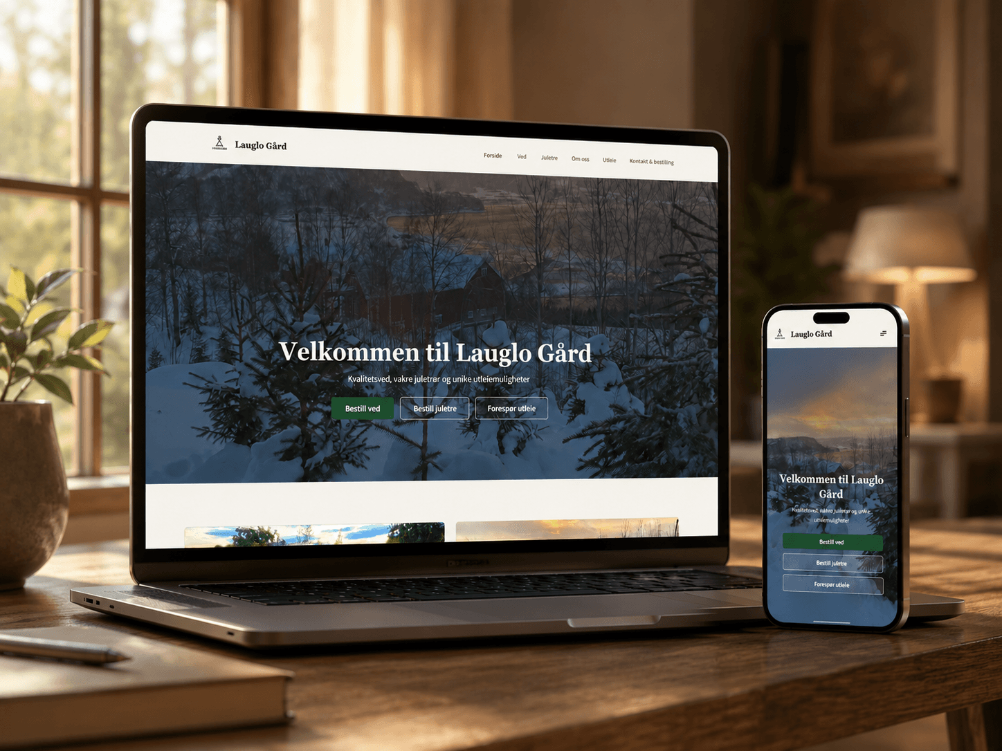 Nettsiden til Lauglo Gård, vist på laptop og mobil